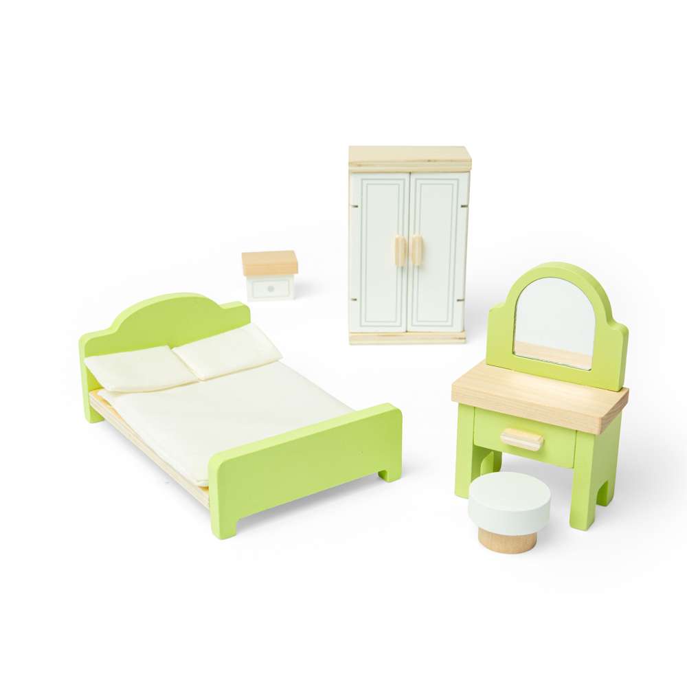 Bedroom Set- Wooden Doll House Furniture, Room Sets for Kids Dolls