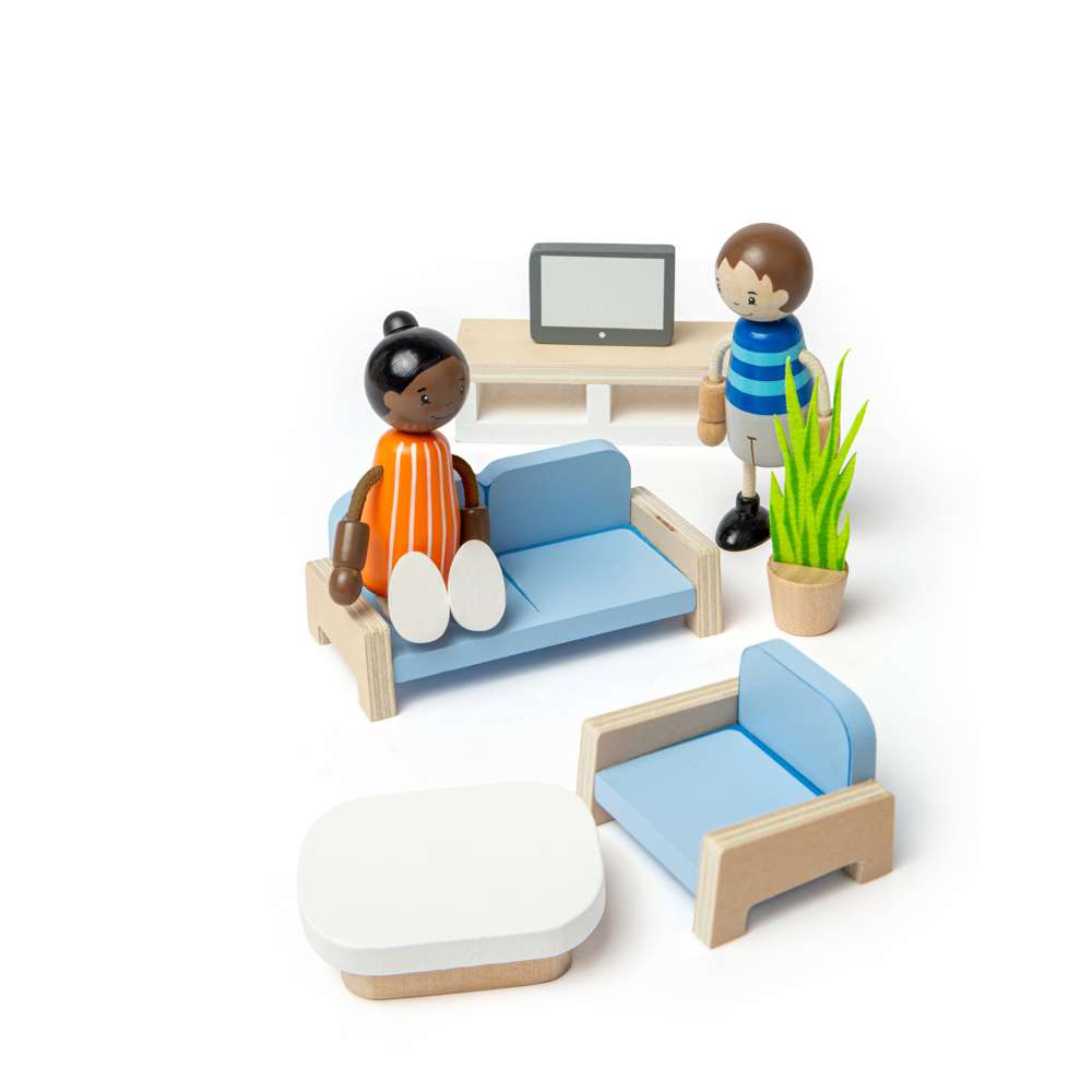 Living Room Set- Wooden Dolls House Furniture with Sofa, TV & Chair