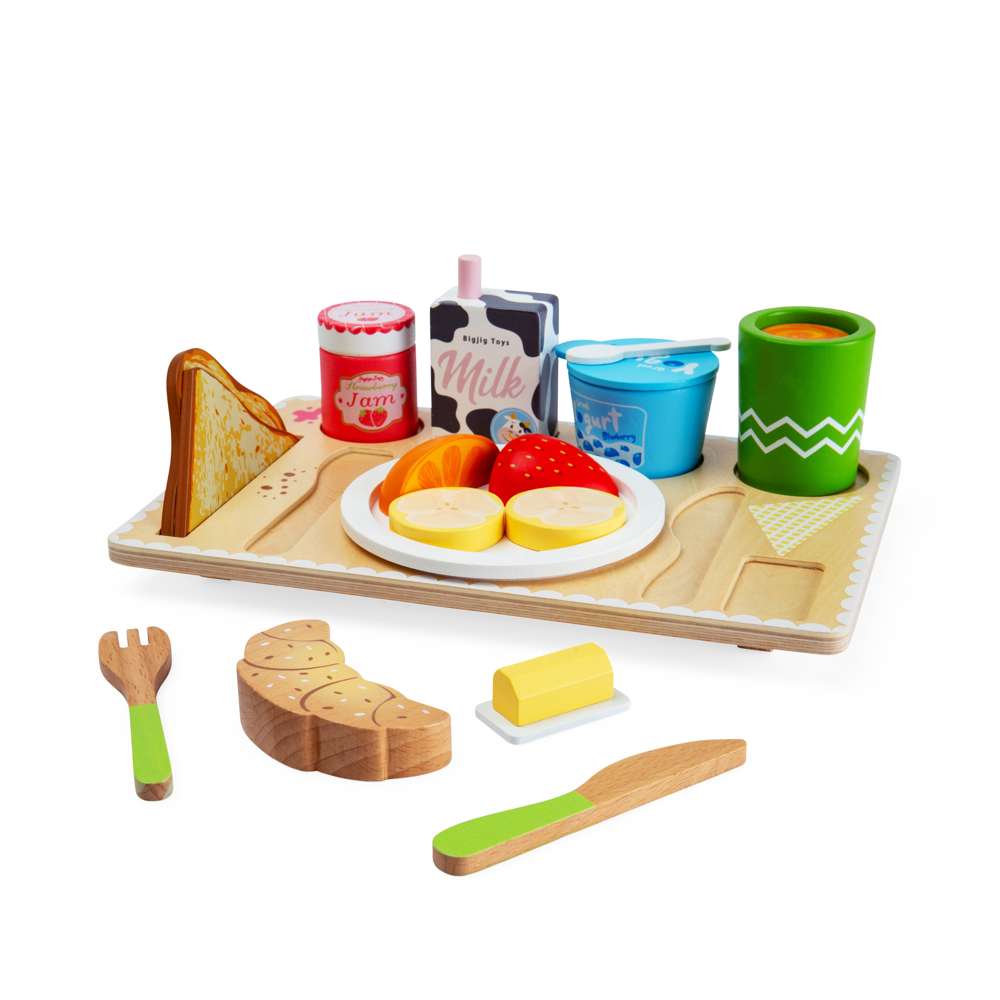 Breakfast in Bed Tray - Wooden Play Food Set, 19 Pcs Kids Playset