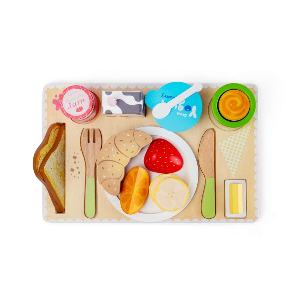 Breakfast in Bed Tray - Wooden Play Food Set, 19 Pcs Kids Playset