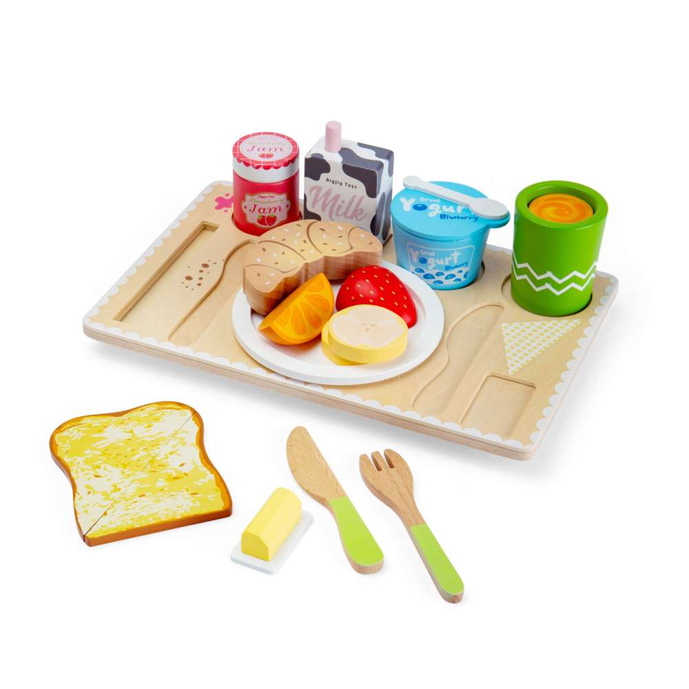 Breakfast in Bed Tray - Wooden Play Food Set, 19 Pcs Kids Playset