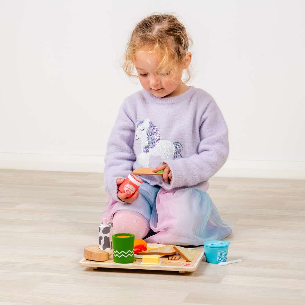 Breakfast in Bed Tray - Wooden Play Food Set, 19 Pcs Kids Playset