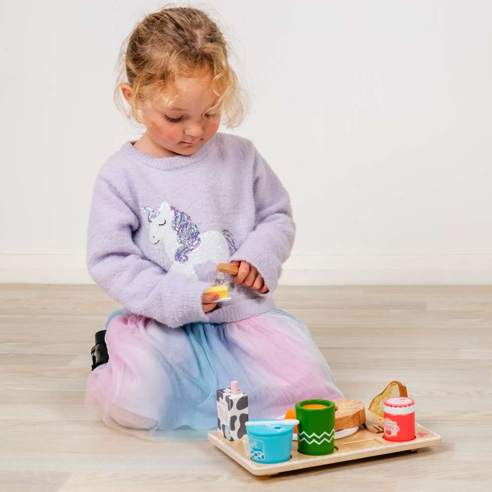 Breakfast in Bed Tray - Wooden Play Food Set, 19 Pcs Kids Playset