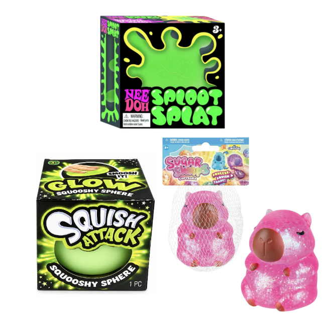 Nee Doh Bundle: Sploot Splat + Ja-Ru Glow Squooshy Sphere + ORB Sugar Swaps Capybara